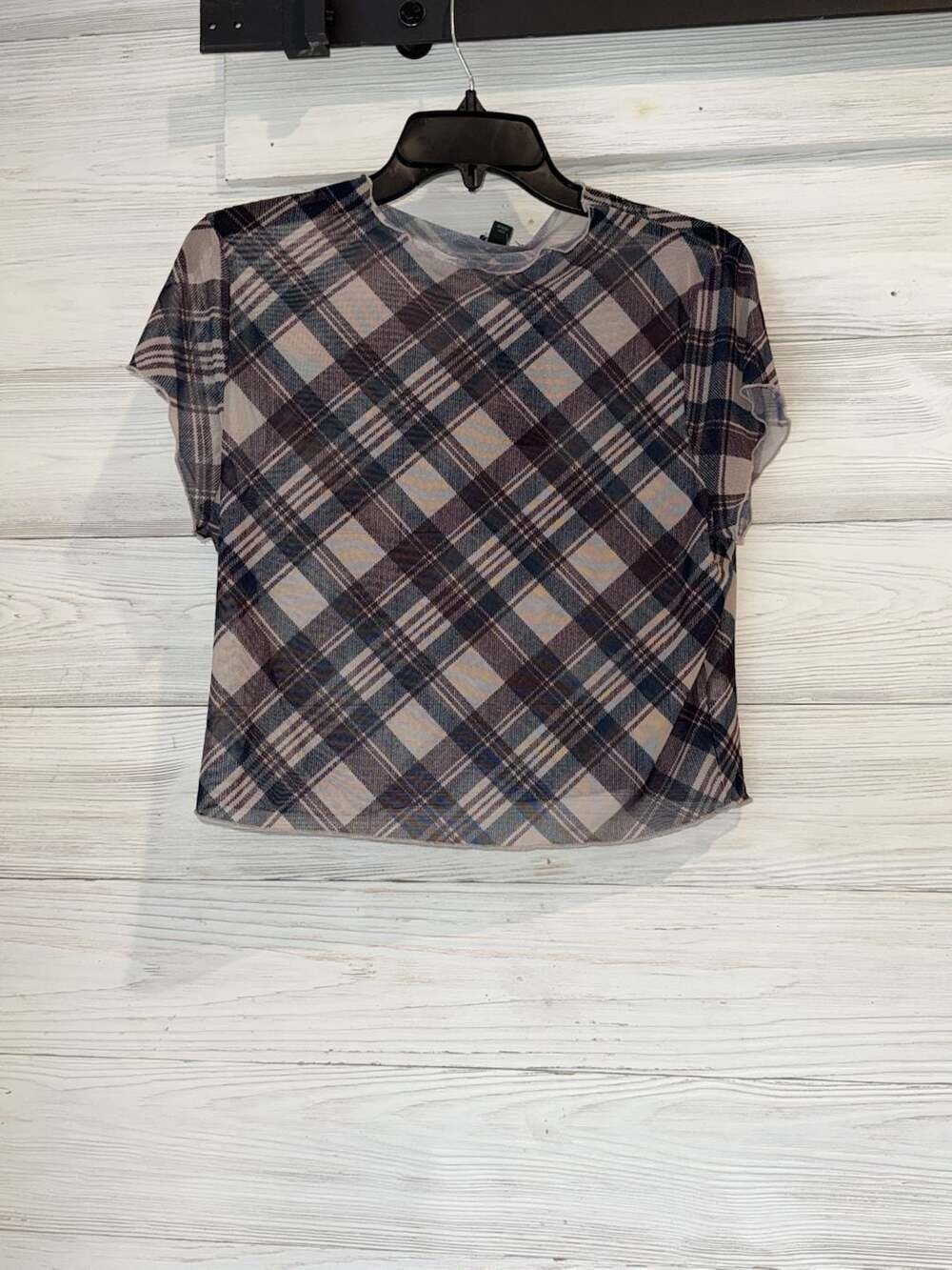 Wild Fable Plaid Mesh Short Sleeve Crop Top